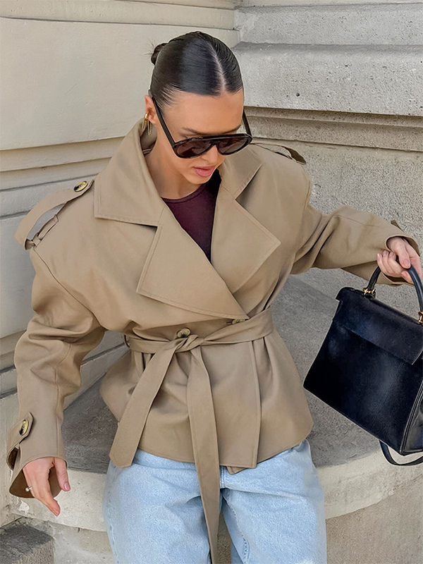 Khaki Belted Waist Women's Short Trench Coat - Chic Double Breasted Jacket - Old Money Spring Outfits