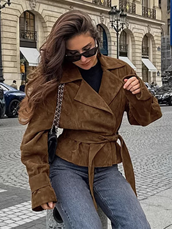 Brown Suede Women's Cropped Blazer - Retro Lapel Belted Waist Regular Fit Jacket - Vintage Spring Daily Outfits