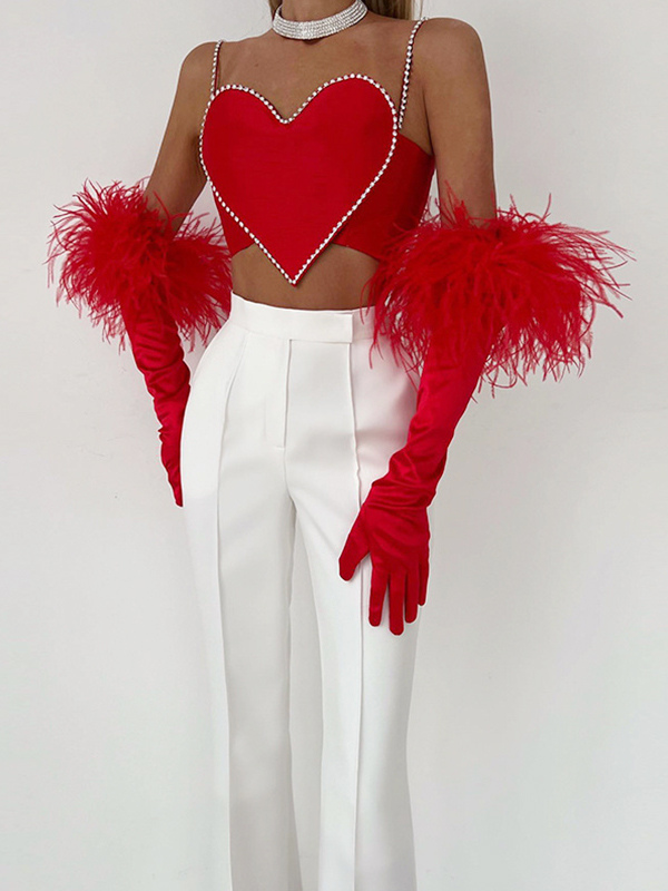 Heart Shaped Crop Top For Women - Red Rhinestone YK Aesthetic Cami - Summer Music Festival Club