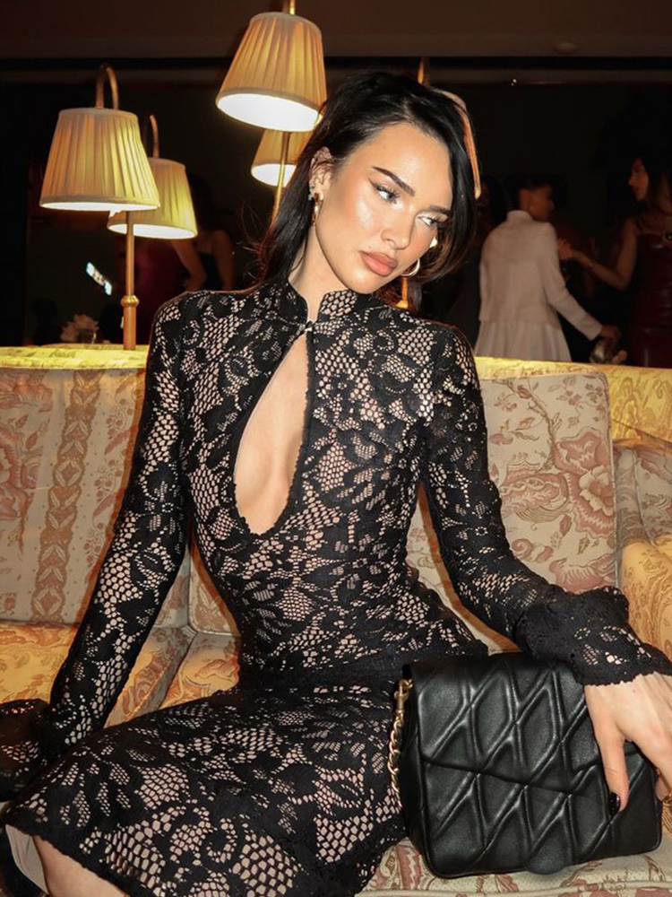 Lace Bodycon Midi Dress For Women - Black Vintage Keyhole Bell Sleeve Back Slit Sheath Dress - Spring Cocktail Party
