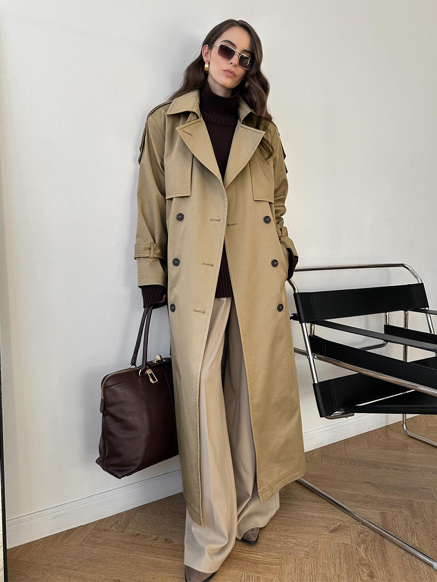 Double Breasted Trench Coat For Women - Belted Classic Longline Overcoat - Spring Chic Office-to-dinner Outerwear