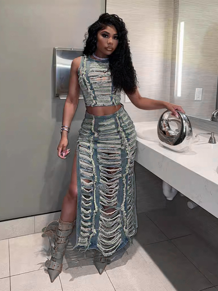 Distressed Denim Piece Set For Women - Vintage Washed Ripped Maxi Slit Skirt And Crop Top - Summer Festival Party Wear