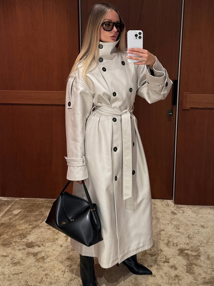 Funnel Neck Trench Coat For Women - Cream Double Breasted Drop Shoulder Belted Overcoat - Spring Office-to-dinner Outerwear