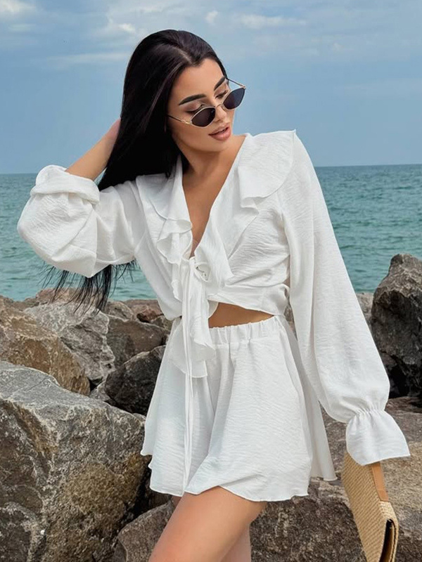 Boho Ruffle Piece Set For Women - Long Sleeve Front Tie Crop Top And Shorts - Summer Beach Vacation Outfit