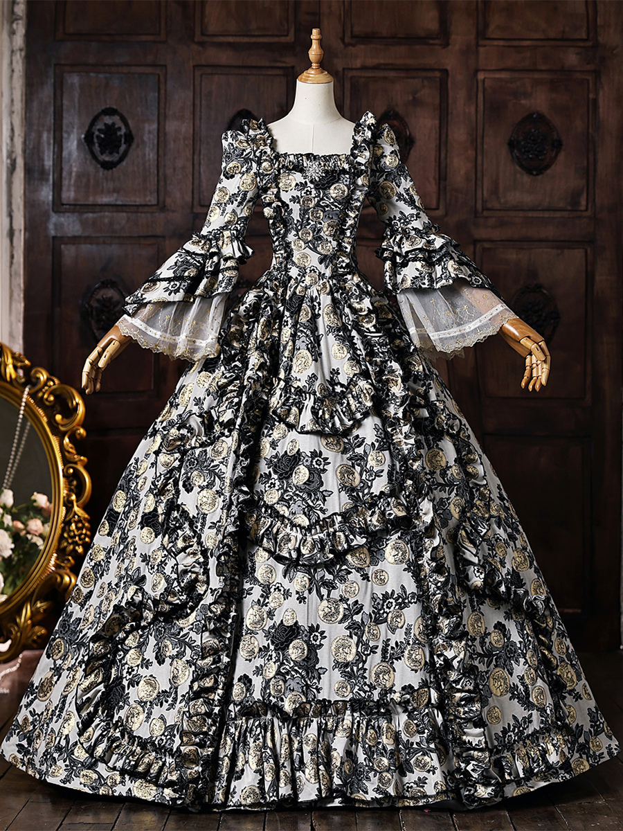 Womens Victorian Rococo Dress Floral Print Lace Trim Flare Sleeves Historical Dress