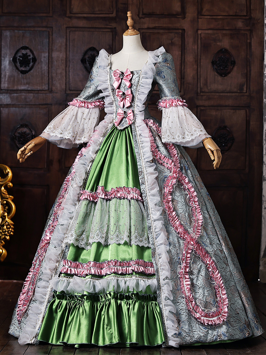 Green Retro Victorian Costumes Women's Lace Up Polyester Maxi Dress Royal Marie Antoinette Dress
