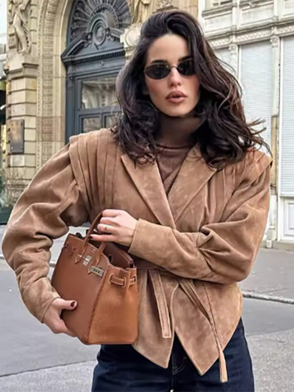 Faux Suede Wrap Jacket For Women - Brown Hourglass Tailored Blazer Structured Shoulder Coat - Spring Chic Streetwear