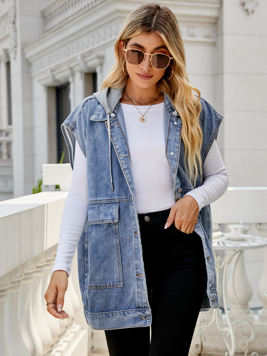 Oversized Hooded Denim Vest For Women - Longline Distressed Sleeveless Jean Jacket Coat - Spring Summer Streetwear