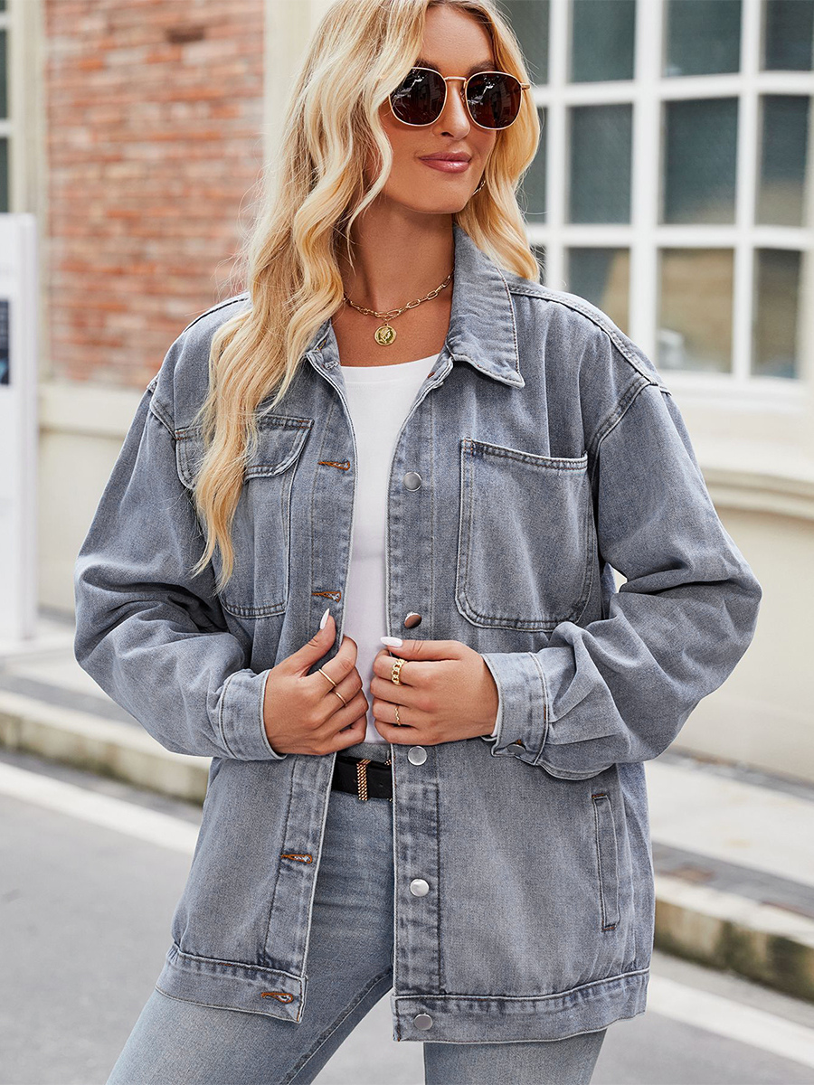 Vintage Oversized Denim Jacket For Women - Loose Fit Lapel Button Down Jean Trucker Coat - Spring Casual Streetwear