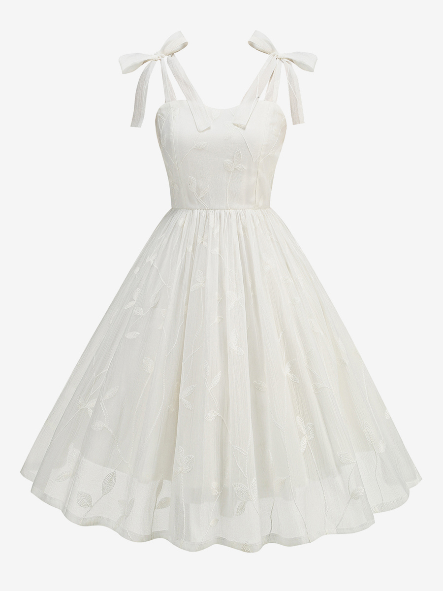 Floral Embroidery s Vintage Midi Dress For Women - Cottagecore Tie Shoulder A-Line Sundress - Summer Wedding Guest