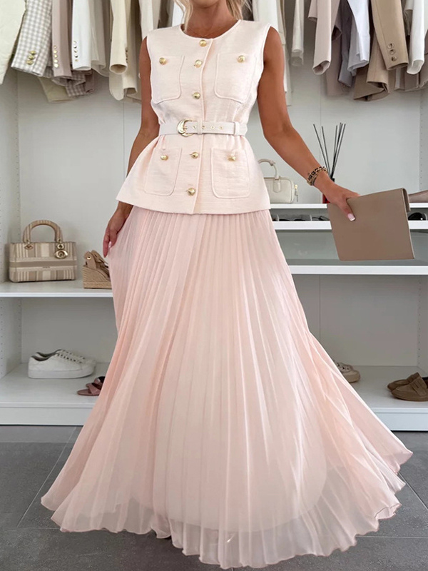 Sleeveless Piece Set For Women - Old Money Belted Vest And Pleated Maxi Dress - Spring Casual Event