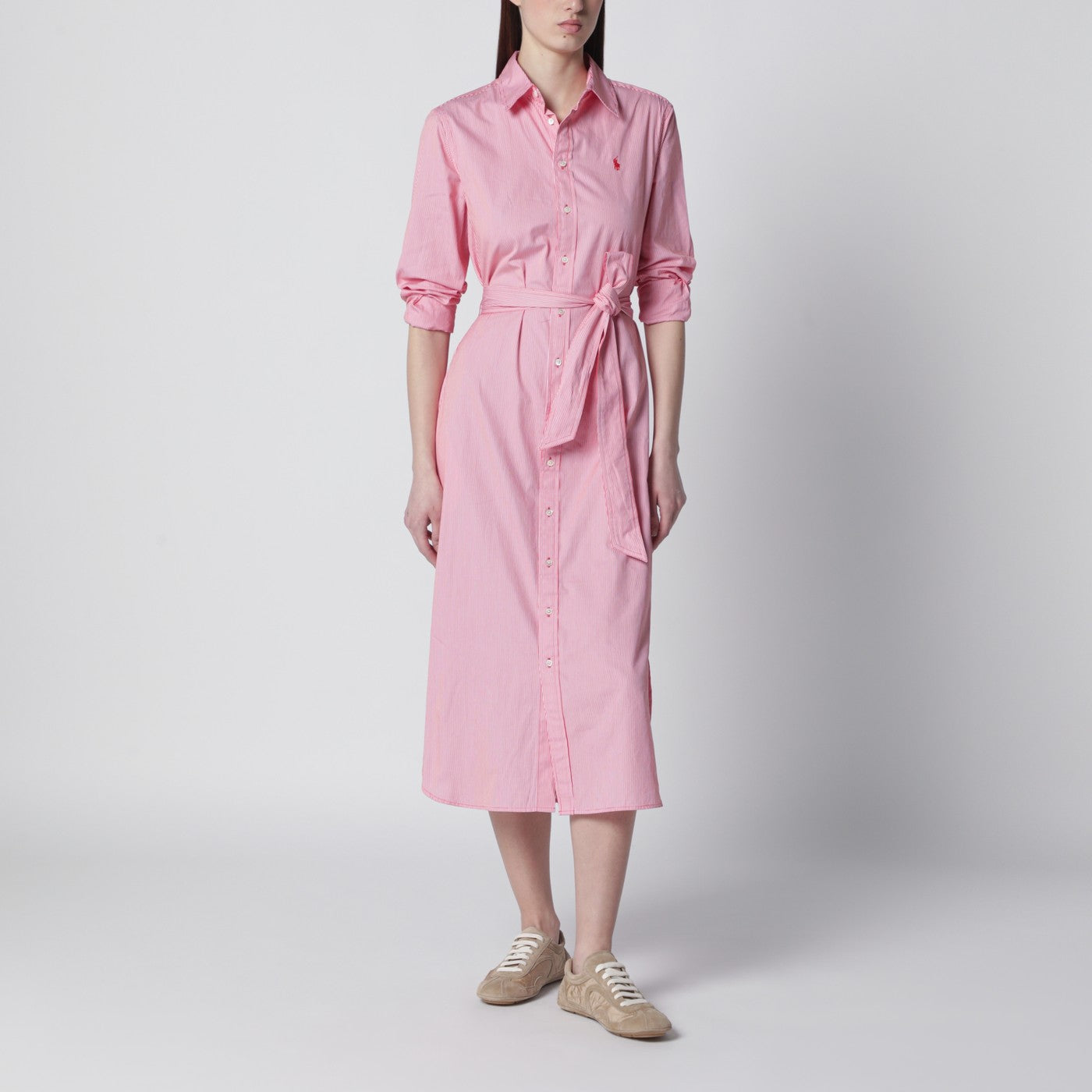 Red and white striped shirt dress