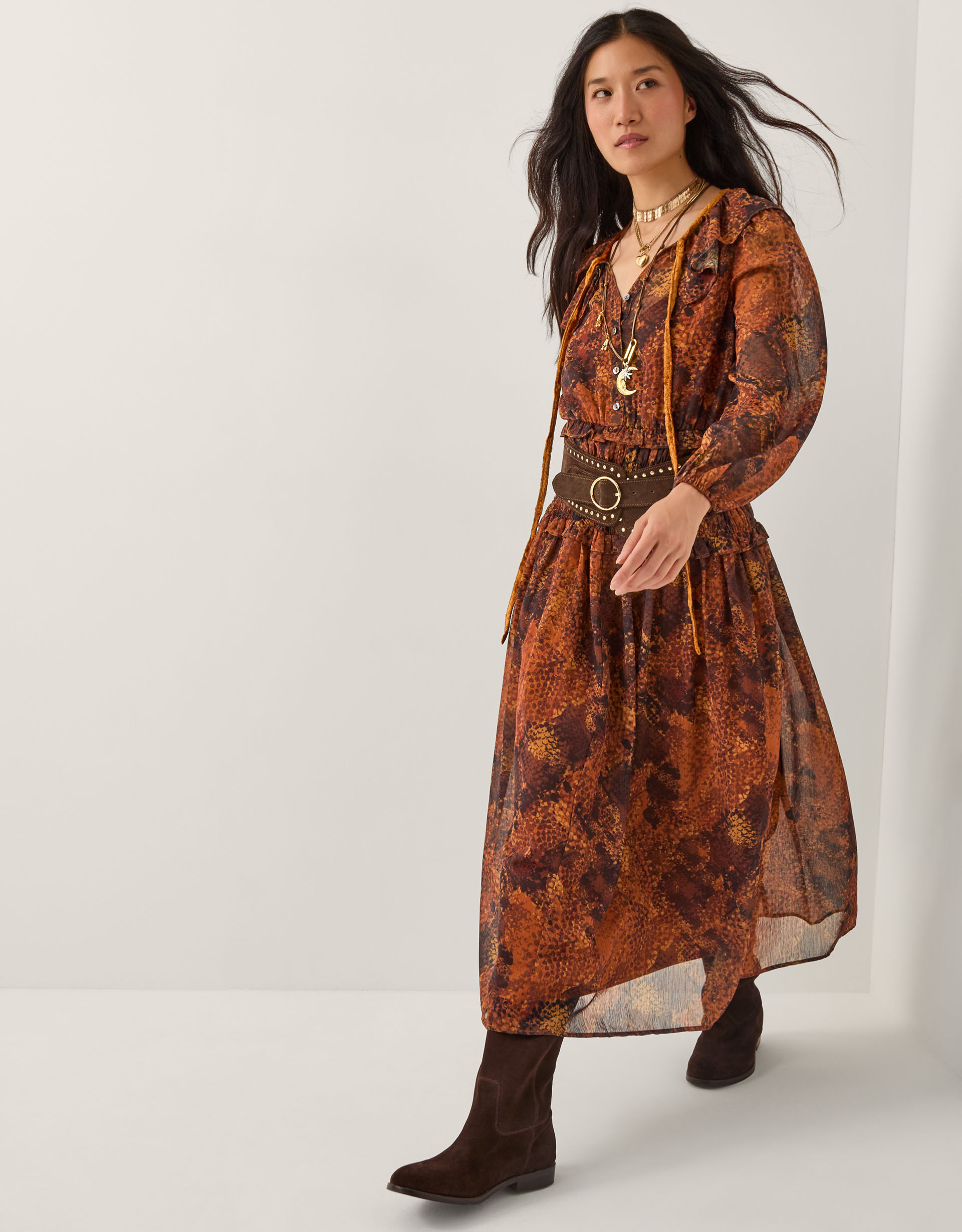 Synthia Snake Print Smocked Midi Dress Yellow