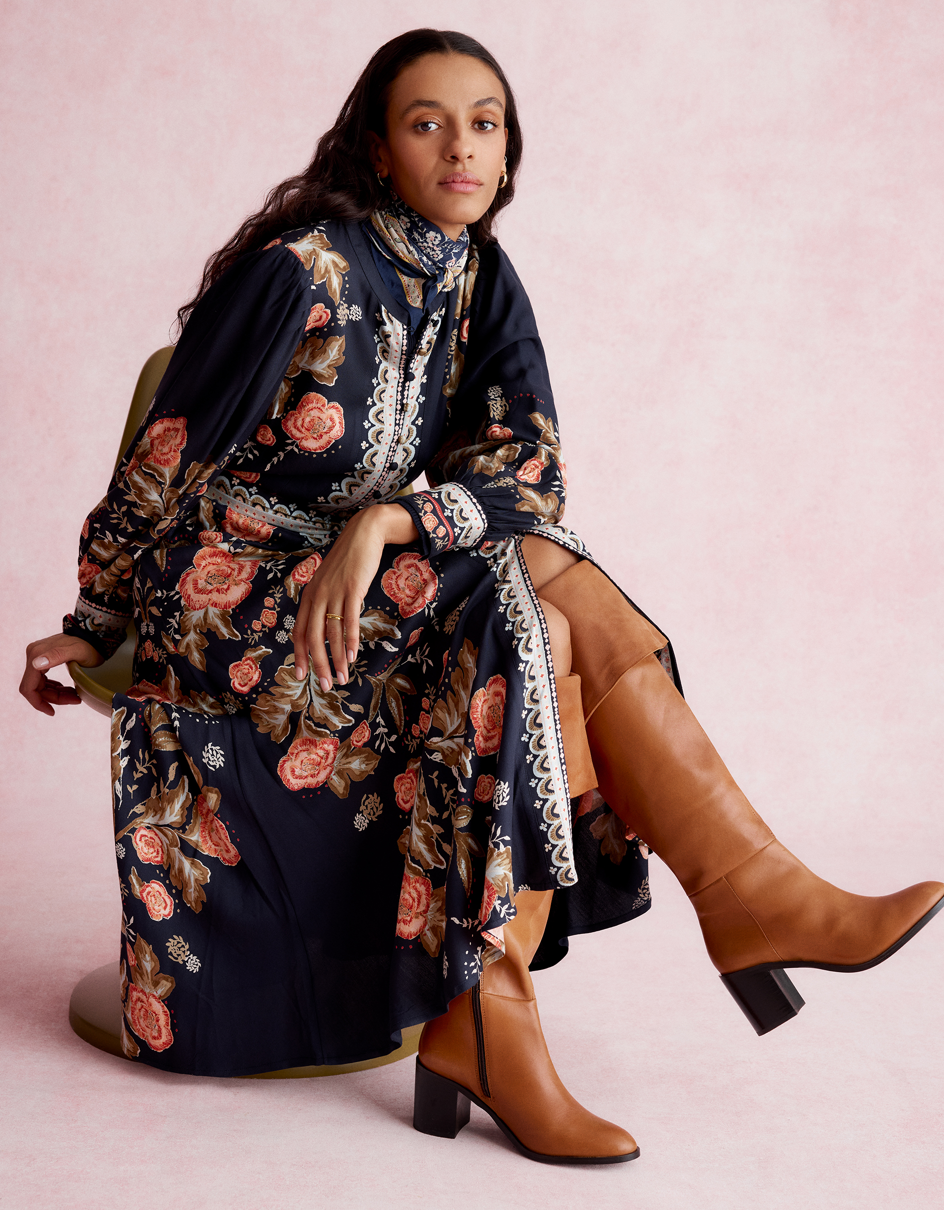 Monsoon Women's Navy Blue & Pink Floral Print Rosalie Blouson Midi Dress, Size: