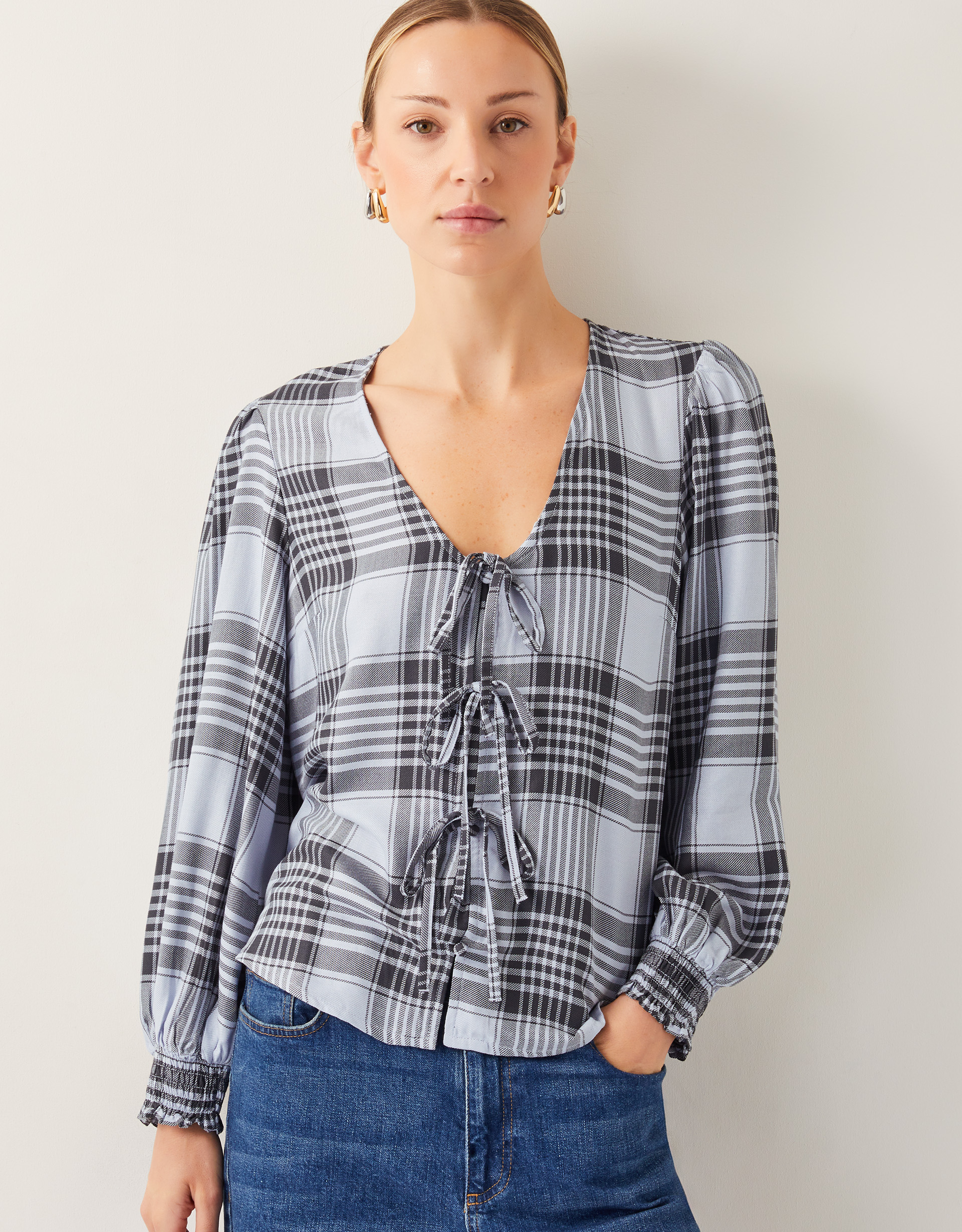 Ava Tie-Front Check Blouse Blue