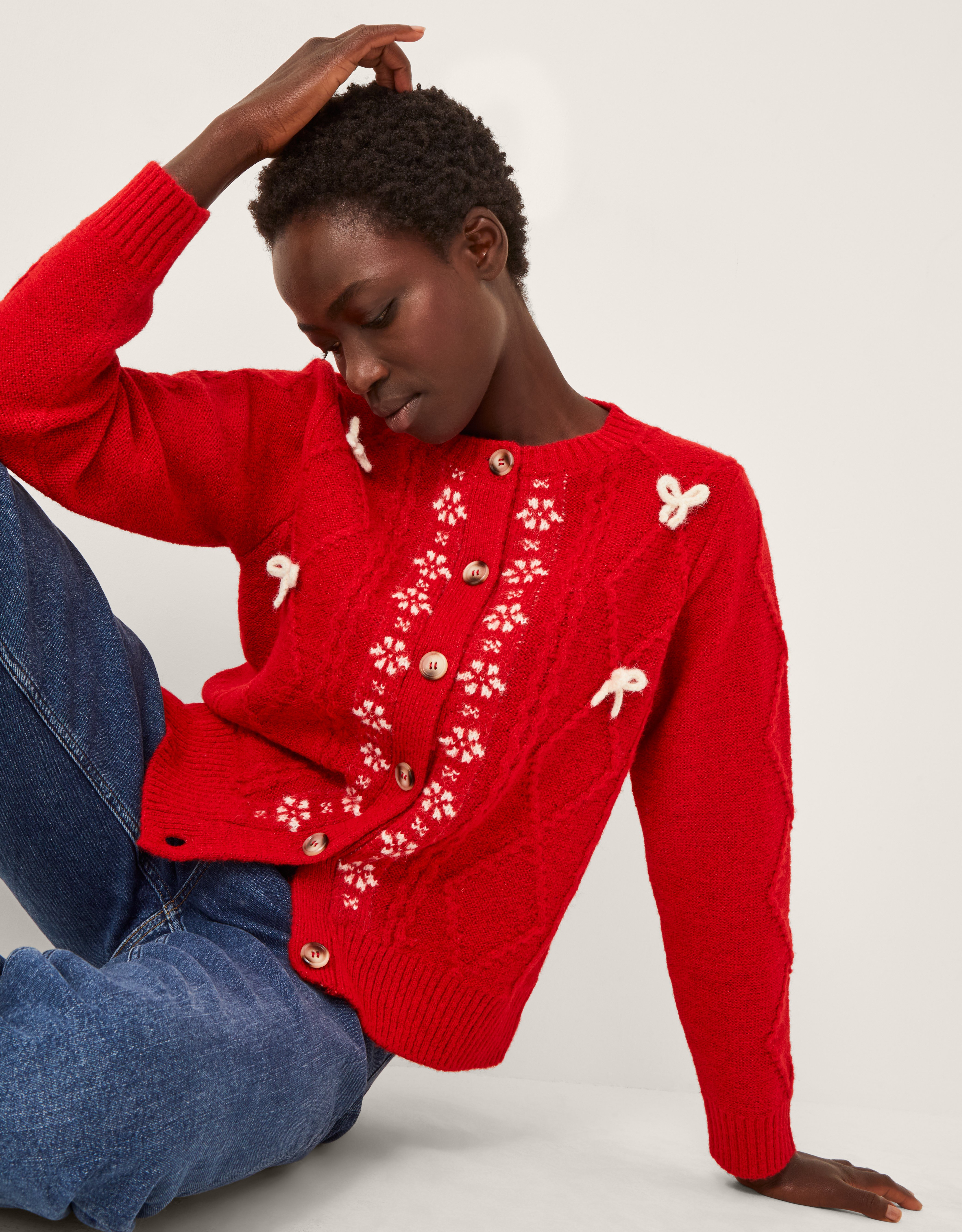 Evie Bow Cable Knit Cardigan Red