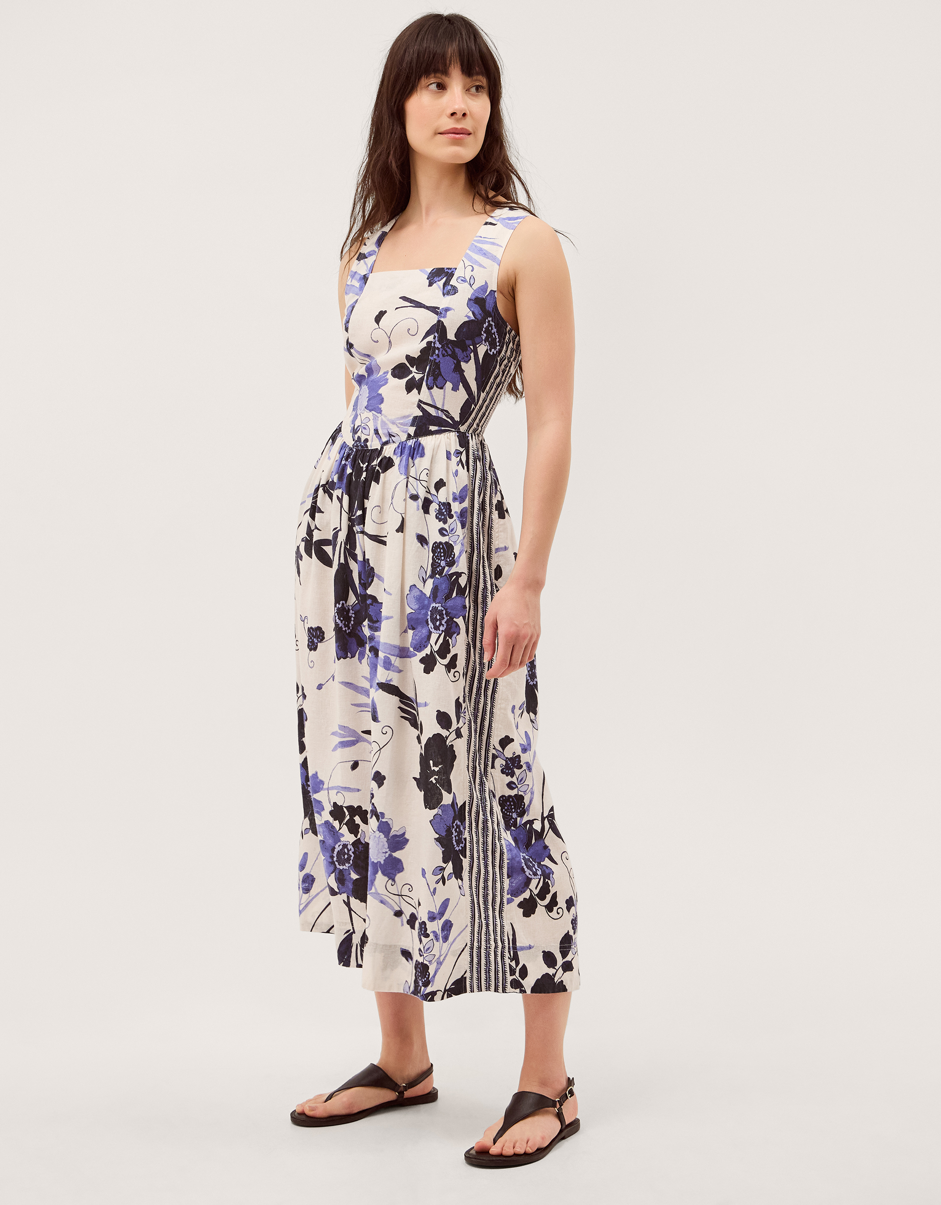 Nicolette Floral Linen Blend Midi Dress Blue