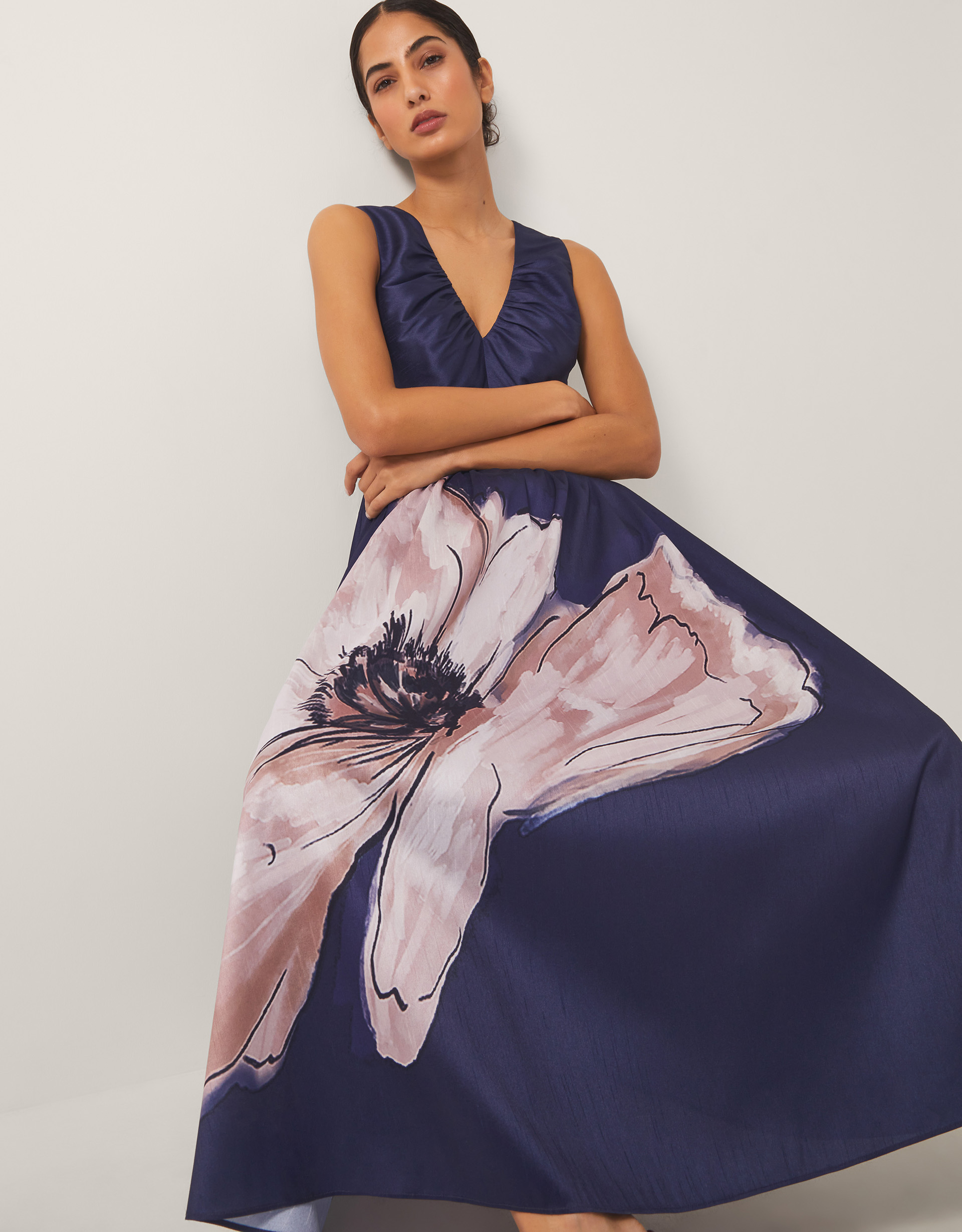 Monsoon Women's Navy Blue & Pink Floral Print Sylvia V-Neck Midi Dress, Size: