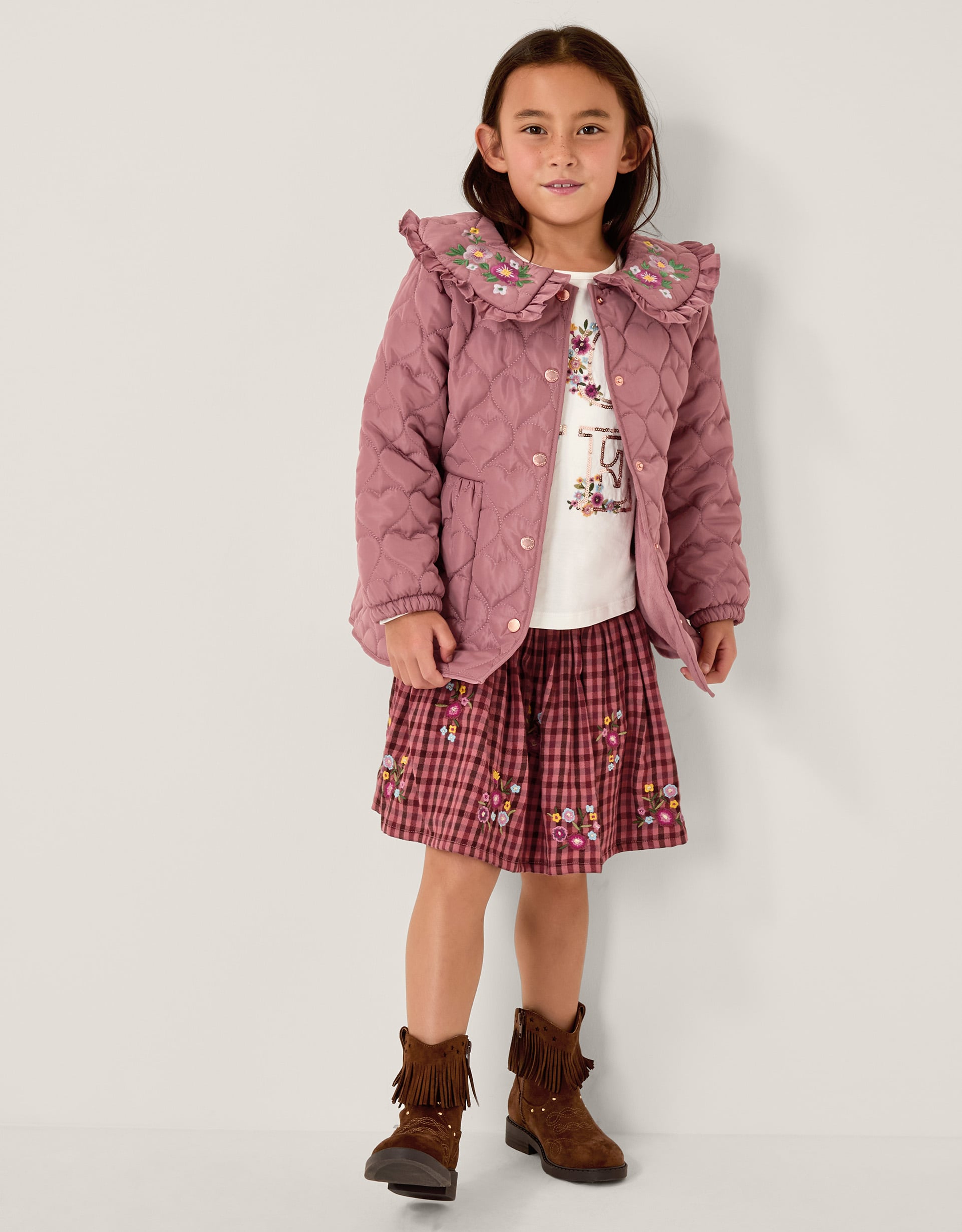 Embroidered Heart Quilted Coat Pink