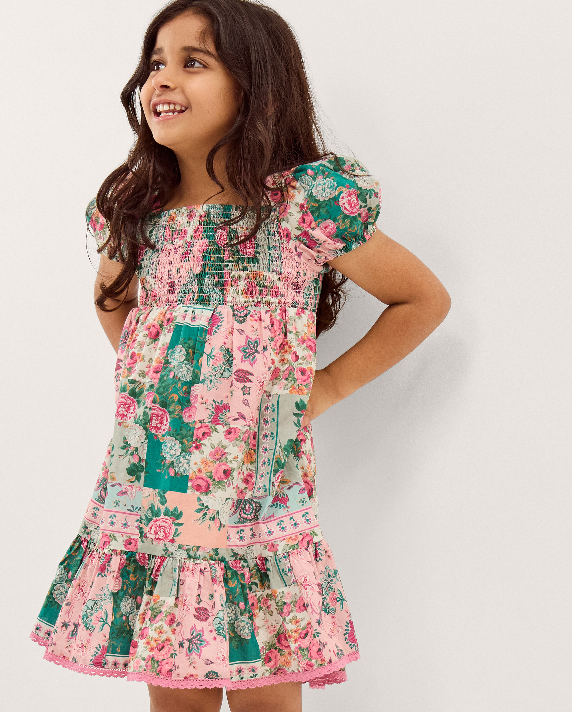 Floral Patchwork Shirred Dress Green