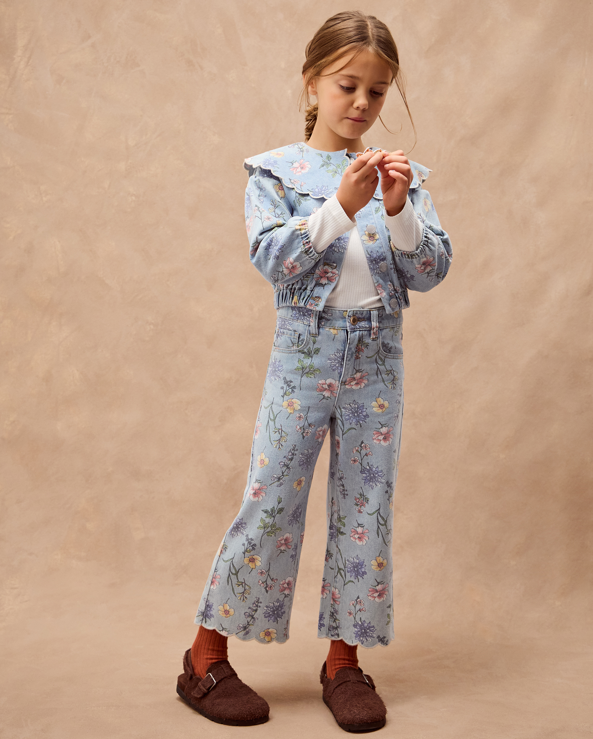 Floral Scallop Collar Denim Jacket Blue