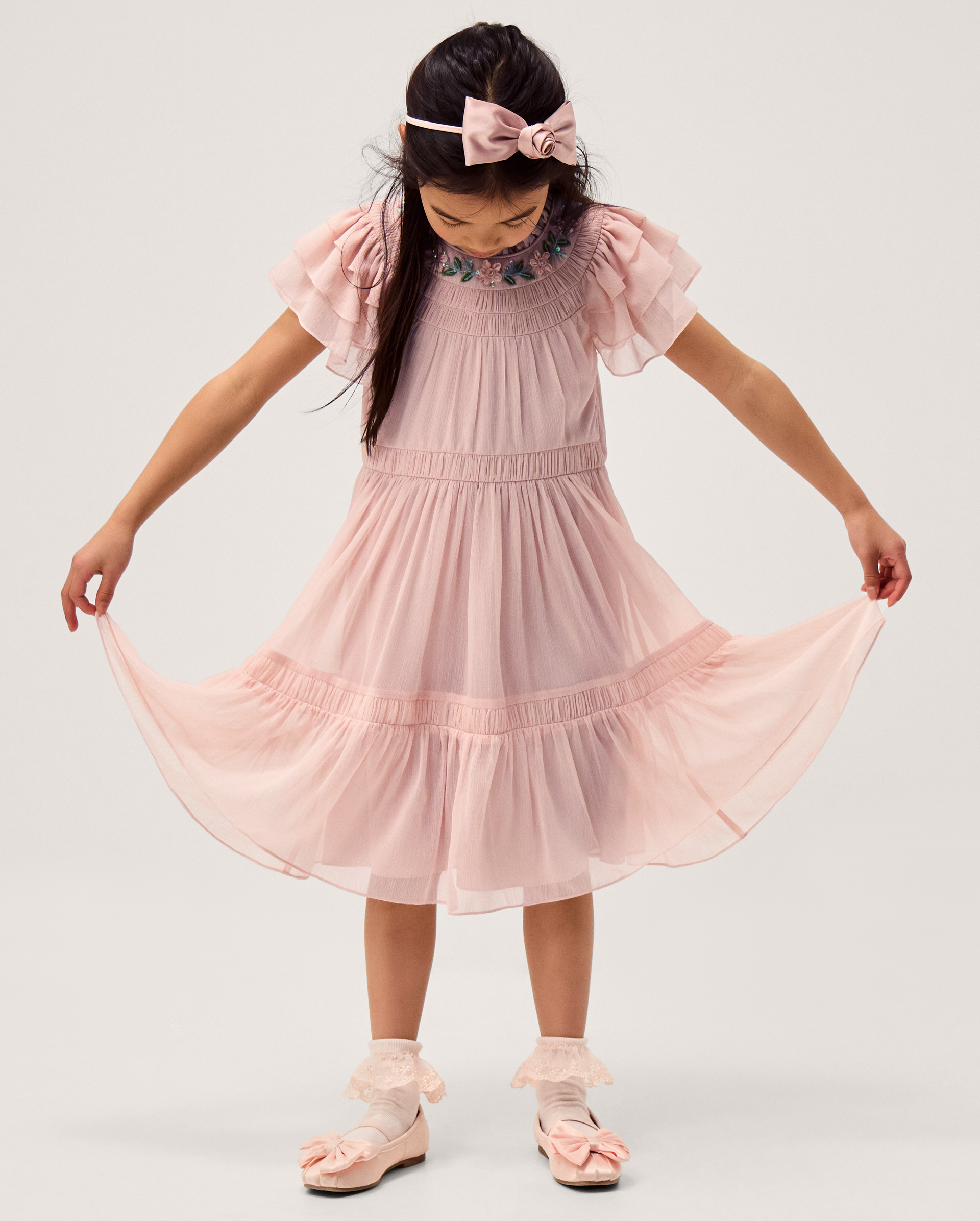 Carmen Embellished Collar Tiered Dress Pink