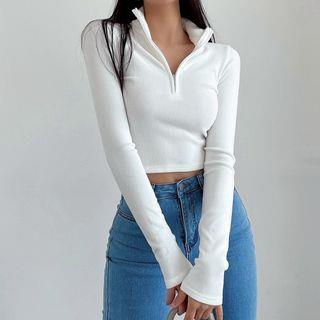Long-Sleeve Collar Zip-Up Plain Crop Top White