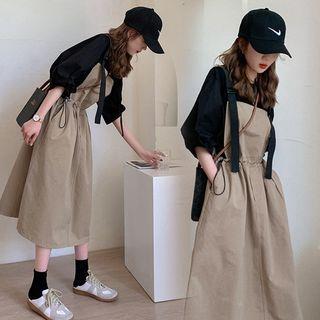 Set: Elbow-Sleeve Plain Blouse + Pinafore Dress Set Of - Blouse & Dress - Black & Khaki -
