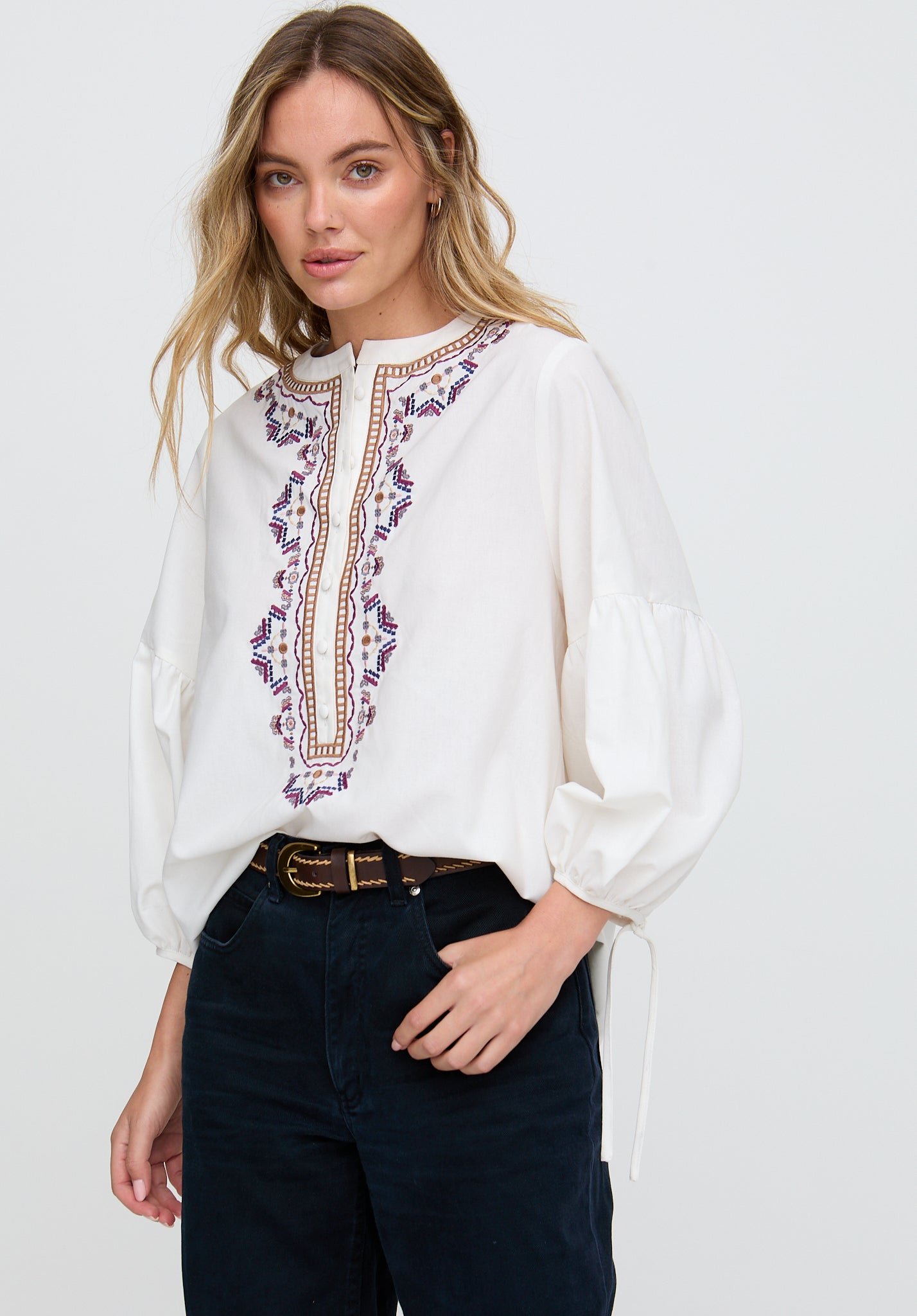 Anai Half Placket Embroidered Blouse In Cream