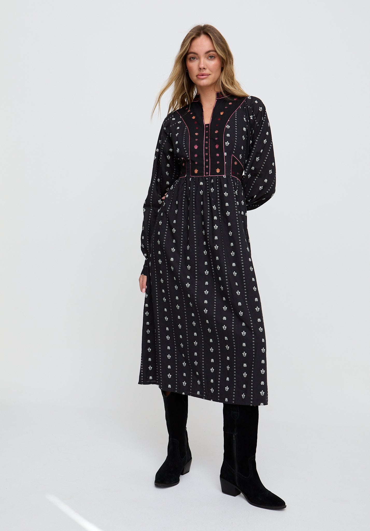 Ocean Elasticated Back Embroidered Maxi Dress In Black