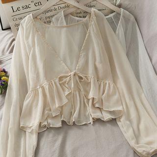 Tie-Waist Balloon-Sleeve Chiffon Cardigan White