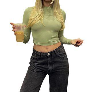 Long-Sleeve Round Neck Plain Slim-Fit Crop Top Light Green