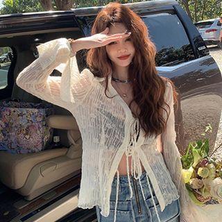 Bell Sleeve V-Neck Collared Plain Sheer Tie Front Blouse Almond