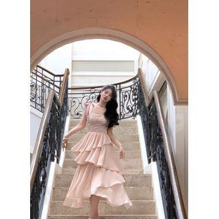 [S] Spaghetti Strap Plain Irregular Layered Midi A-Line Dress Pink