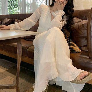 Long-Sleeve V-Neck Plain Maxi A-Line Dress Off-White