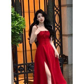 Spaghetti Strap Square Neck Plain Slit Midi A-Line Dress Red