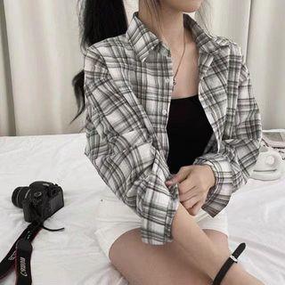 Long-Sleeve Button-Up Plaid Crop Blouse Plaid - Black