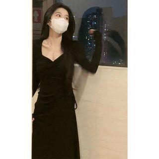 Long-Sleeve Plain Drawstring Midi A-Line Dress Black