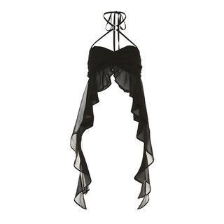 Halter Neck Plain Ruffled Asymmetrical Hem Crop Camisole Top Black