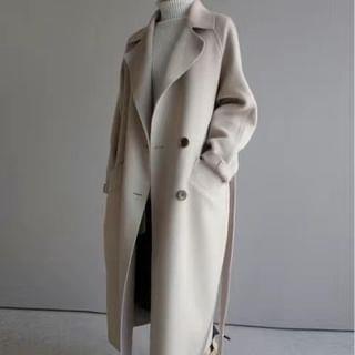 Lapel Collar Plain Tie Waist Double-Breasted Long Trench Coat Off-White