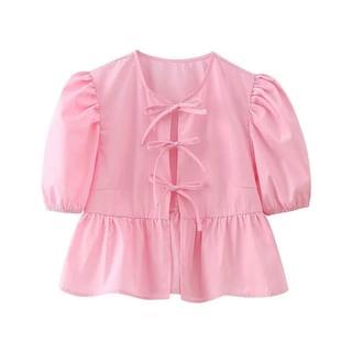 Short-Sleeve Plain Peplum Tie Front Blouse Pink