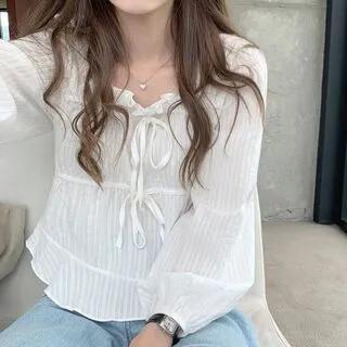 Ruffle Trim Square-Neck Long-Sleeve Blouse Light Green