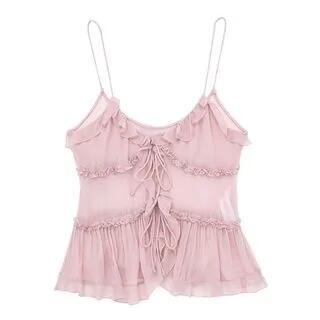 Plain Ruffle Trim Tie Front Crop Camisole Top Pink