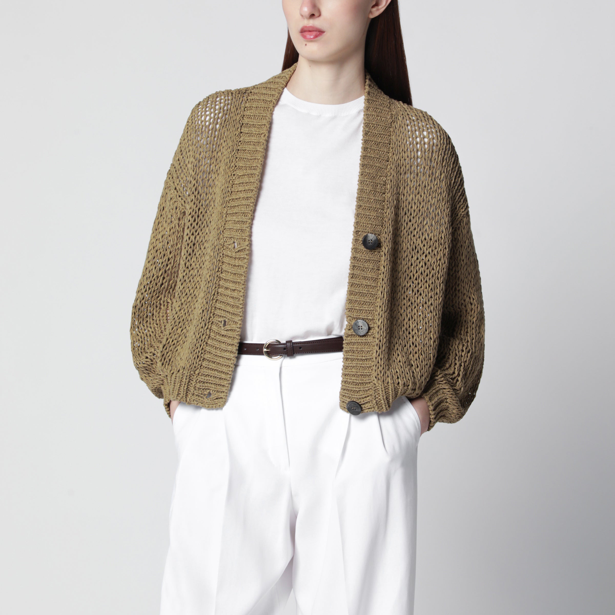 Military green cotton-blend knit cardigan