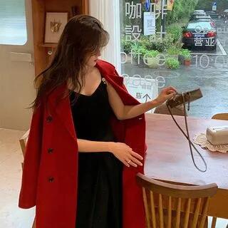 Plain Button-Up Long Coat Red