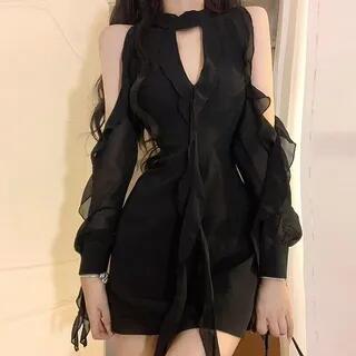 Cold Shoulder Keyhole Neck Ruffle Trim Bodycon Mini Dress Black
