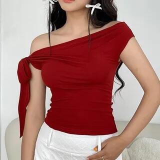Short-Sleeve Off Shoulder Plain Crop Top Red