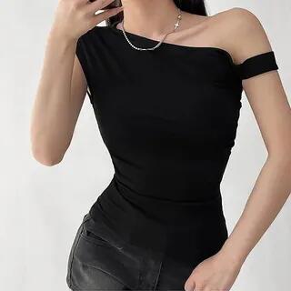 Off-Shoulder Plain Asymmetrical Ruched Slim Fit Crop Top LF - Top - Black