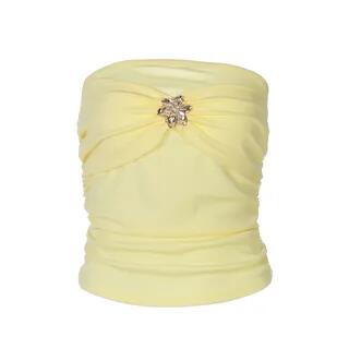 Plain Metal Accent Ruched Crop Tube Top Yellow
