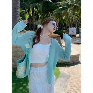 V-Neck Button-Up Plain Sheer Cardigan Mint Green